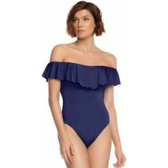 New. Trina Turk navy off shoulder ruffle top. Size 8. Retails $148 - Picture 6 of 11